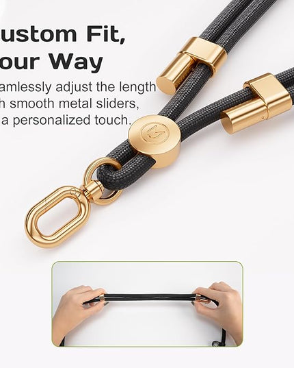 Phone Lanyard Crossbody with 2 Hanging Loops: Metal Buckle Adjustable Skin-Friendly Cell Phone Strap for iPhone Around,Hands-Free Universal Anti Theft Neck Lanyards For Outdoor,Black Gold