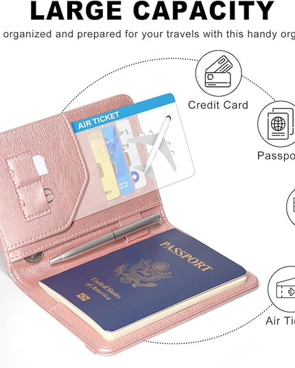 ACdream RFID BLOCKING Passport Holder Travel Wallet, Premium PU Leather Cover Passport Book with Card Holder, Pen Holder, Keep Organization, and Travel Essentials for Women and Men, Rose Gold