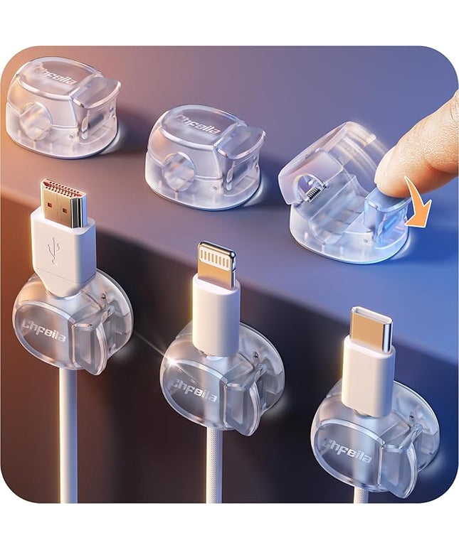 Cable Clips, Chfeila 6Pack Dual Spring Cord Organizer with Clasp Lock, [Max Stability] Desk Cable Management, Adhesive Phone Charging Wire Holder for Nightstand/Car/Wall, Office Accessories Decor