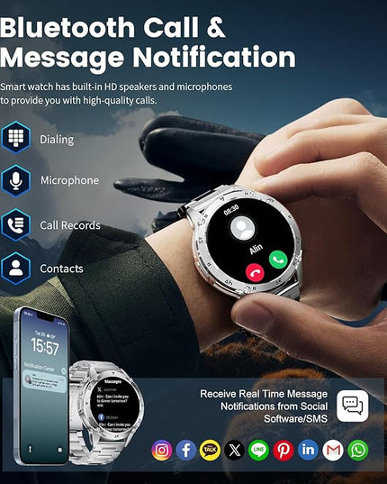 LIGE Military Smart Watch for Men iPhone Android 1.43" HD Amoled Rugged 110+ Sport Modes IP68 Waterproof Answer/Make Call Fitness Running Heart Rate Blood Pressure Health Mens Smartwatch