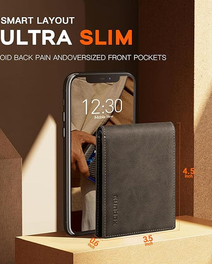RUNBOX Wallet for Men Slim Leather Bifold RFID Blocking Minimalist Front Pocket Design with Gift Box