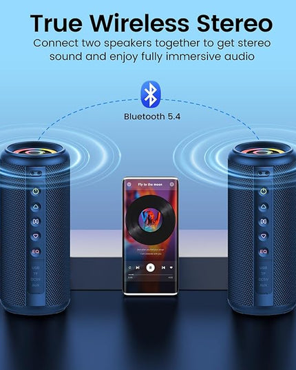 Portable Bluetooth Speaker, 2026 Bluetooth 5.4 Wireless Speaker with 20W HD Loud Stereo Sound, 20H Playtime, LED Lights, IP7, TWS Pairing, Built-in Mic, for Outdoor, Home, Beach, Party, Gift, Blue