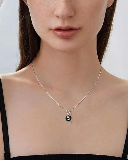 Tahitian Black Pearl Necklaces for Women, Sterling Silver Single Pearl Pendant Necklace Birthday Anniversary Jewelry Gifts for Wife Mom
