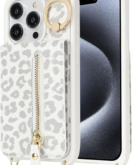 for iPhone 15 Pro Wallet Case with Card Holder, for iPhone 15 Pro Case Wallet with Strap Credit Card Slot, Crossbody Bag with Zipper Case for iPhone15 Pro - White Leopard