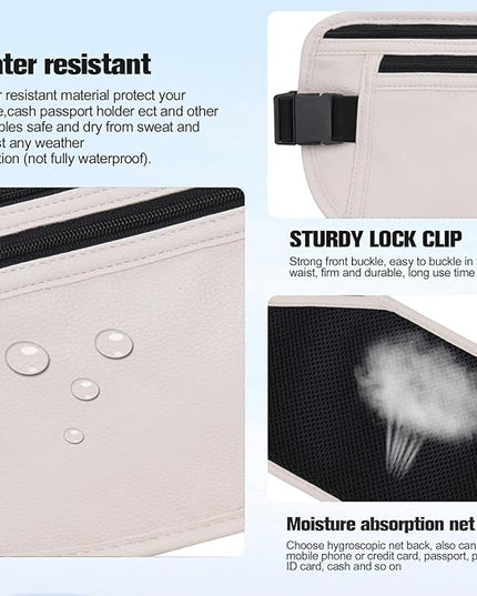 PU Leather Money Belt - Passport Holder Secure Hidden Travel Wallet with RFID Blocking, Undercover Fanny Pack(White)