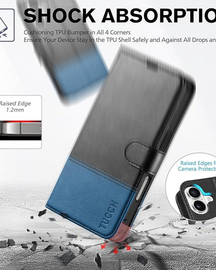 TUCCH Case Wallet for iPhone 16, Protective [TPU Shockproof Inner Shell], PU Leather [RFID Blocking] [4 Card Holder] Magnetic Closure Stand Cover Compatible with iPhone 16, Black&Light Blue