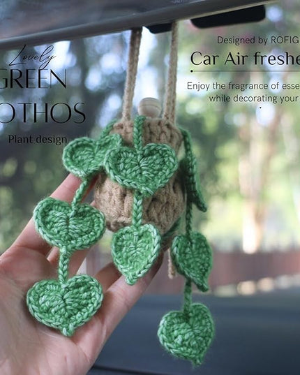 Handmade Crochet Hanging Car Air Freshener- Lifelike Green Pothos for Hanging with 12ml Thick Refillable Glass Diffuser Bottle, Suitable Decor for Car Rearview Mirror, Home & Wellness Spaces