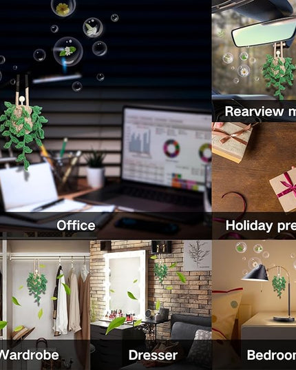 Handmade Crochet Hanging Car Air Freshener,12ml Empty Refillable Oil Diffuser Bottle with Crochet Hanging succulents Plant for Car Rearview Mirror for Home, and Office Hanging Diffuser Decor
