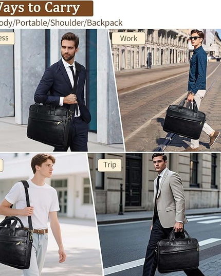 Faux Leather Messenger Bag for Men 17-17.3 Inch: Laptop Bag Briefcase Computer Handbags Shoulder Crossbody Bag with Padded Laptop Sleeve for Work College Travel, PU Black