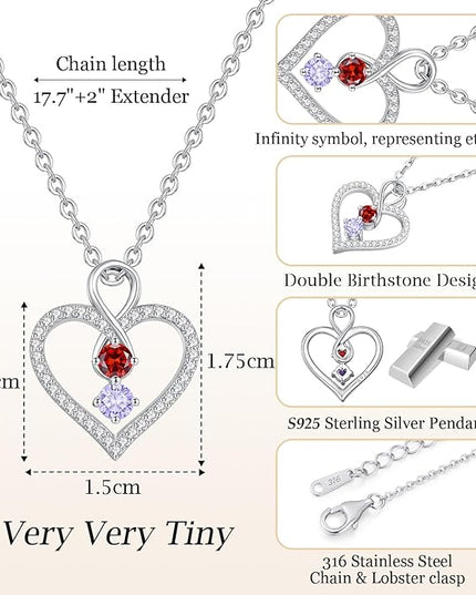 LOUISA SECRET Infinity Double Birthstone Necklace, 925 Sterling Silver Tiny Pendant Heart Necklace for Women Wife Her, Best Jewelry Gift Heart Jewelry Meaningful Gift for Valentine's Day, Christmas, Birthday Anniversary