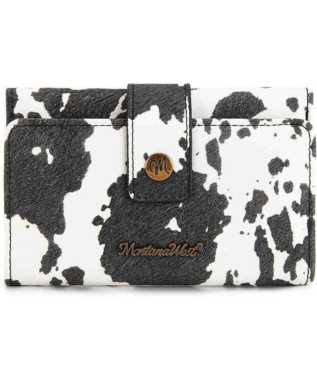 Montana West Small Women's Wallet Black Cow Print Card Wallets for Women Trifold Travel Wallet Ladies Female Wallets RFID Blocking Western Card Cash Wallett with ID Window