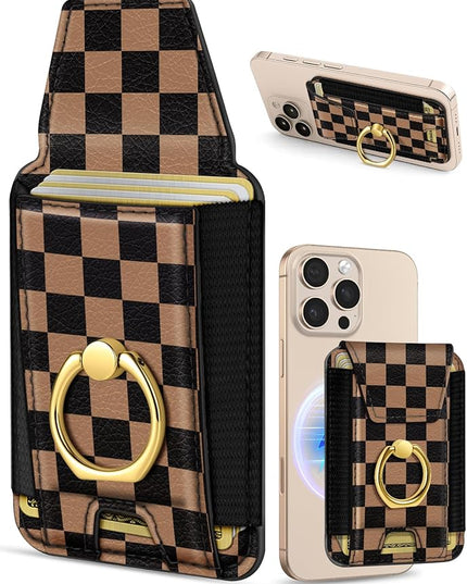 Shorogyt Compatible with Magsafe Wallet with Ring Grip Magnetic Card Holder - Cute Phone Wallets with Stand for iPhone 17/16/15/14/13/12 Series for Women Girls Black Grid Design, Fit 7 Cards