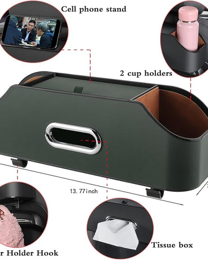 HOLDCY Car Back Seat Organizer with 2 Drink Cup Holder - Tissue Box and Storage Box Hook - Multi-functional Storage - Great for Kids and Travel (Green)
