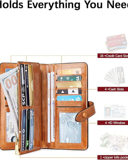 BOSTANTEN Leather Wallets RFID Blocking Large Capacity Trifold Card Holder Ladies Phone Clutch Brown