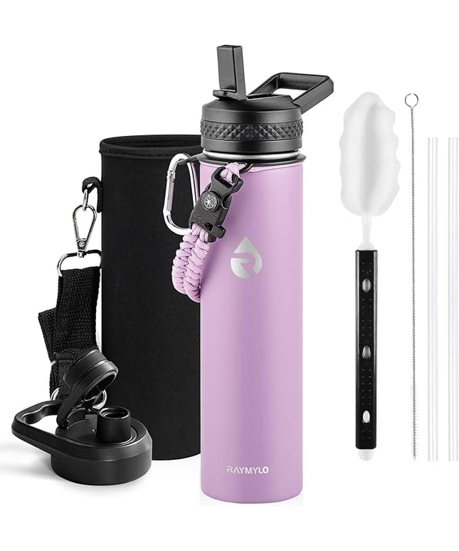 Insulated Water Bottle 24oz, Triple Wall Vacuum Stainless Steel (Cold for 48 Hrs, Hot for 24Hrs), Leak Proof & Non-BPA, 24oz Hydro Water Flask with Paracord Handle & Straw Spout Lids