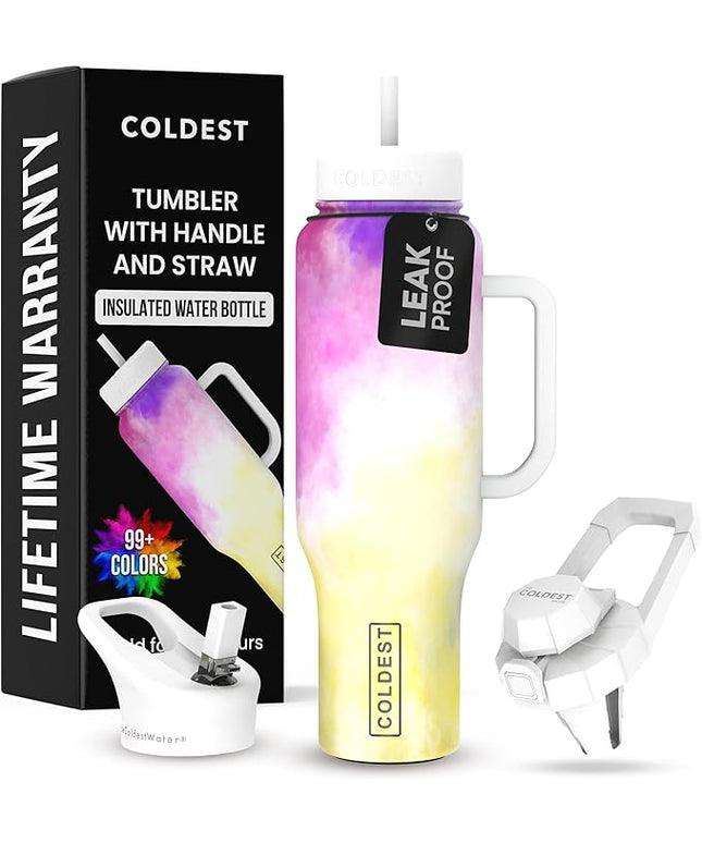 Coldest Tumbler with Handle and Straw, 100% Leak Proof Insulated Tumbler with Lid and Straw (3 Lids), Stainless Steel Tumblers for Women & Men, Cup Holder Friendly, 46 oz (Clouds of Tie Dye)