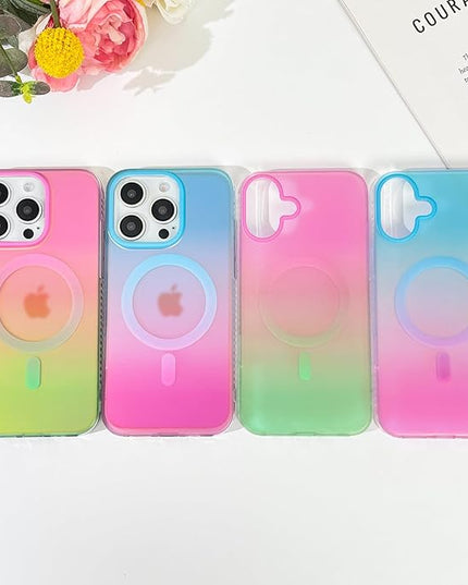 Aesthetic Case for iPhone 16 Pro 6.3 inch 2024 [Compatible with Magsafe] Cute Girly Glitter Shiny Rainbow Magnetic Protective Phone Cover for Women Girls, Matte Iridescent Blue & Pink
