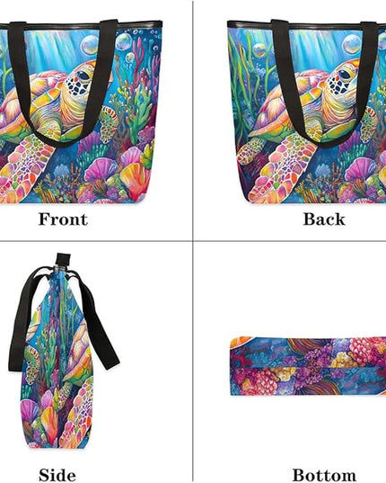 Pardick Canvas Tote Bags, Ocean Turtle Tote Bag Eco Friendly Reusable Grocery Shopping Bagsfor Beach, Books, Women with Zipper Inner Pocket