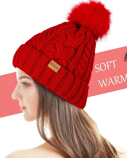 REDESS Women Winter Pompom Beanie Hat with Warm Fleece Lined, Thick Slouchy Snow Knit Skull Ski Cap