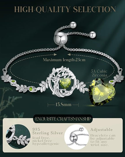 FANCIME Tree of life Birthstone Bracelet for Women Sterling Silver Tree Jewelry Birthstone Charm Bracelet Gemstone Anniversary Birthday Christmas Gifts for Wife Mom Her