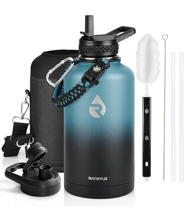 Insulated Water Bottle 64 oz, Triple Wall Vacuum Stainless Steel (Cold for 48 Hrs), Leak Proof & Non-BPA, Half Gallon Water Flask Jug with Paracord Handle & Straw Spout Lids