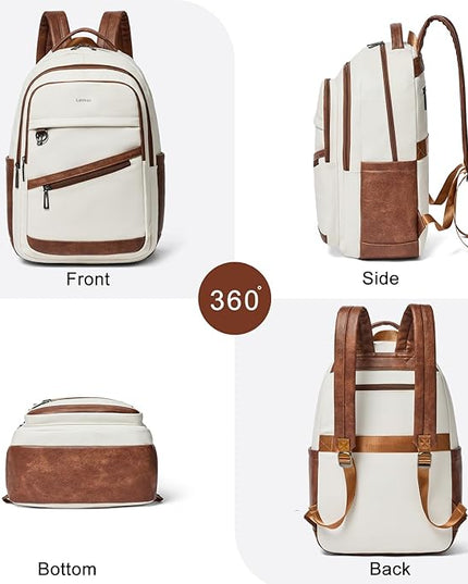 43L Backpack for Women Men - Vegan Leather Backpack Purse Travel Carry-on Bag College Bookbag Work fits 17" Laptop, Beige