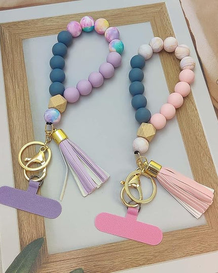 Phone Lanyard Silicone Beaded Phone Wrist Strap Cute Elastic Cell Phone Wristlet Chain Bracelet with 2 Tether Tab