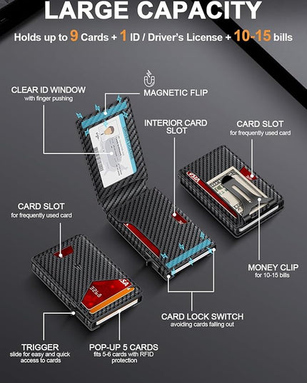 Wallet for Men，Slim Minimalist Wallet with Money Clip ＆ ID Window, RFID Blocking Pop-Up Credit Card Holder，Smart Auminum Mens Wallet Holds 9-13 Cards, Front Pocket Bifold (Magnetic Closure, Gift Box)