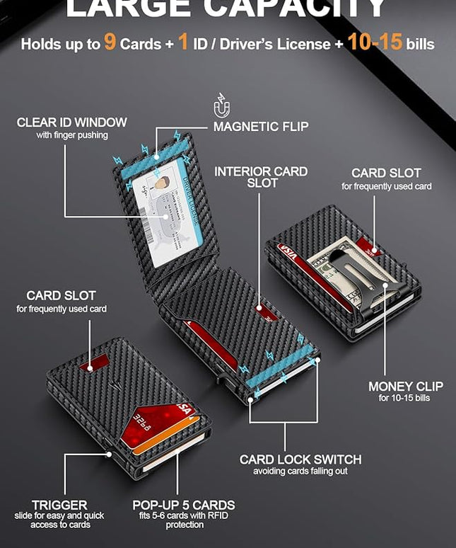 Wallet for Men，Slim Minimalist Wallet with Money Clip ＆ ID Window, RFID Blocking Pop-Up Credit Card Holder，Smart Auminum Mens Wallet Holds 9-13 Cards, Front Pocket Bifold (Magnetic Closure, Gift Box)