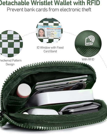 Clip and Go Strap for Phone with Wallet Crossbody Phone Lanyard and Detachable Checkered Bag with ID Window and RFID Pouch for Daily Travel.