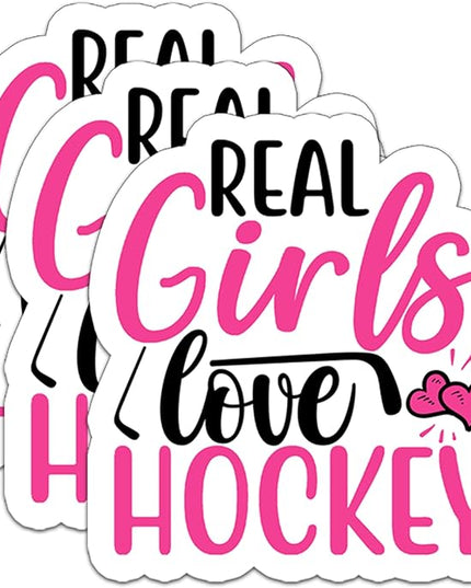 (3Pcs) Real Girls Love Hockey Pink Sticker Girls Hockey Stickers Waterproof Vinyl Decal for Books Laptops Phones Tumblers Water Bottles, Hockey Gifts For Teen Girls Team, Hockey Fan, Size 3 x 2.8 Inch