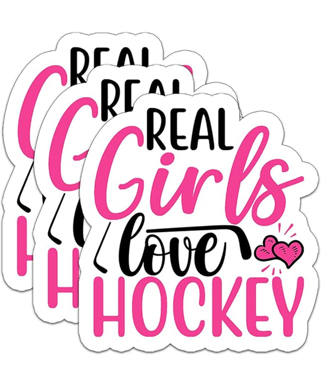 (3Pcs) Real Girls Love Hockey Pink Sticker Girls Hockey Stickers Waterproof Vinyl Decal for Books Laptops Phones Tumblers Water Bottles, Hockey Gifts For Teen Girls Team, Hockey Fan, Size 3 x 2.8 Inch