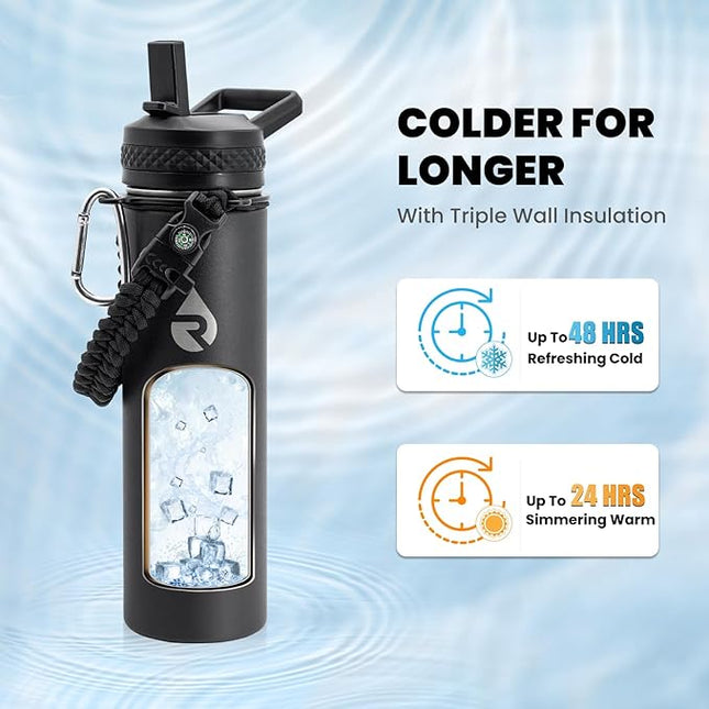 Insulated Water Bottle 20 oz, Triple Wall Vacuum Stainless Steel (Cold for 48 Hrs), Leak Proof & Non-BPA, Kids Water Bottle Jug for School with Straw Spout Lids, Magic Black