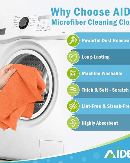 AIDEA Microfiber Cleaning Cloth-12PK, Soft Microfiber Towels for Cars, Absorbent Cleaning Rags, Lint-Free Streak-Free Wash Cloths for House, Kitchen, Window(12in.x12in), Orange