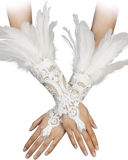 HOMELEX Women Black Lace Feather Gloves Witch Angel Costume Accessories Swan Wings Wrist Bands
