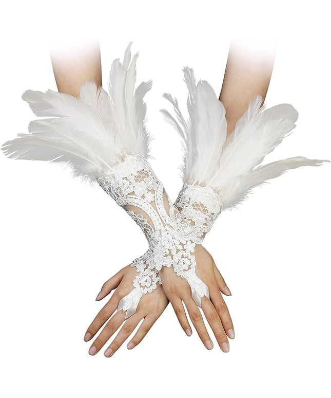 HOMELEX Women Black Lace Feather Gloves Witch Angel Costume Accessories Swan Wings Wrist Bands