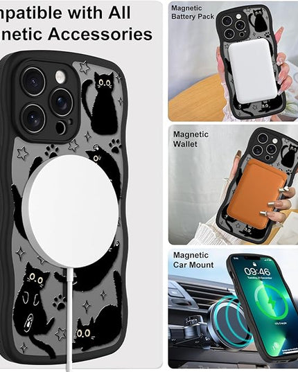 Cute Case for iPhone 13 Pro Case [Compatible with MagSafe] with Kawaii Black Cats Cat Print Pattern Design for Women Girls, Soft Wavy Edge Anti-Slip Animal Magnetic Protective Phone Cover