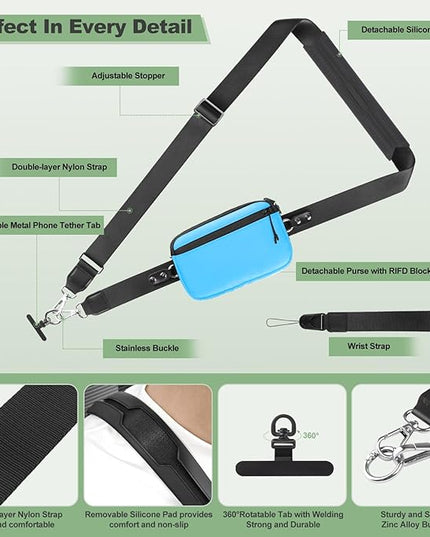 Clip and Go Strap for Phone with Wallet Crossbody, Adjustable Phone Lanyard with Detachable RFID Wristlet Wallet & Ultra-Thin 360° Rotatable Metal Tabs for All Smartphones (Blue)