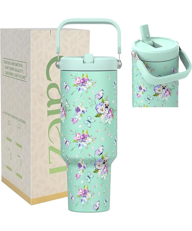 40 oz Tumbler with Handle and Straw, Vacuum Insulated Tumblers with Flip Straw and Top Handle, Reusable Insulated Cup for Home, Outdoors, Leakproof, Fits in Cup Holder, Cold for 30 Hours