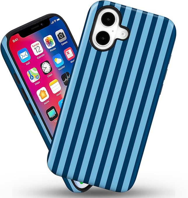 Magnetic for iPhone 16 Plus Case Cute Stripes Phone Case, Shockproof Slim TPU and Hard PC Protective Phone Cover Compatible with MagSafe Designed for Women Girls, Lake Blue