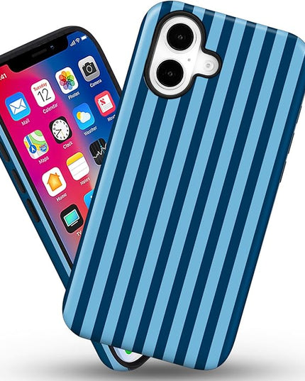 Magnetic for iPhone 16 Case Cute Stripes Phone Case, Shockproof Slim TPU and Hard PC Protective Phone Cover Compatible with MagSafe Designed for Women Girls, Lake Blue