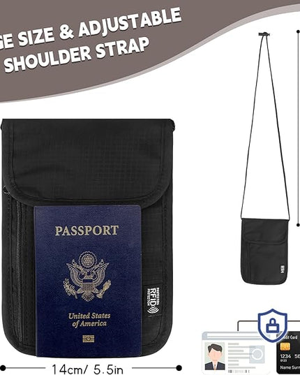 5.5" L x 7.9" W Travel Neck Wallet, RFID Blocking Passport Holder, Security Lightweight Passport Travel Wallet, Neck Pouch Gifts for Women Men(Black)
