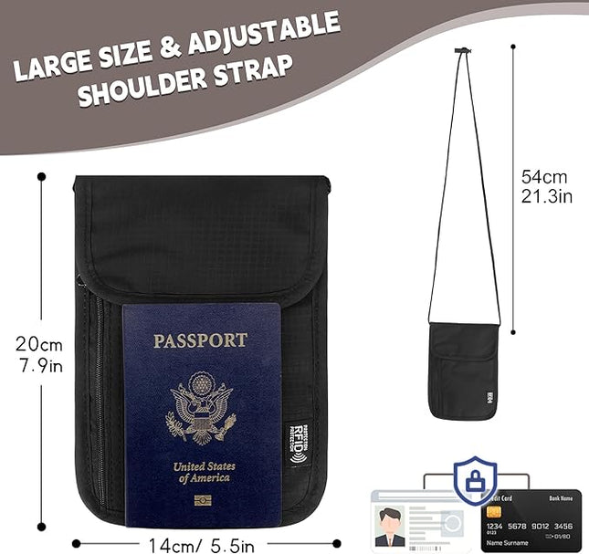 5.5" L x 7.9" W Travel Neck Wallet, RFID Blocking Passport Holder, Security Lightweight Passport Travel Wallet, Neck Pouch Gifts for Women Men(Black)