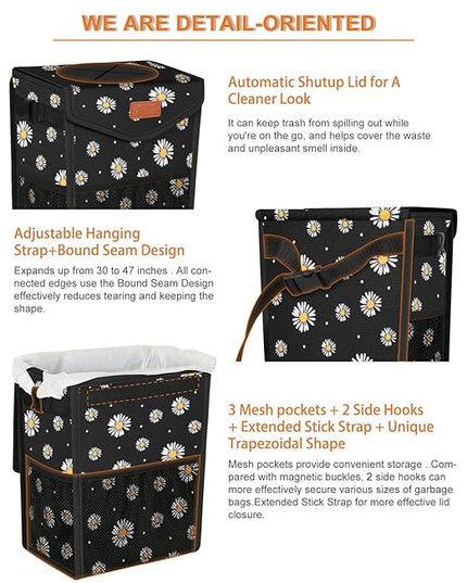 Car Trash Can with Lid, Cute Leakproof Car Trash Garbage Bag Hanging Vehicle Trash Bin Small Portable Automotive Garbage Cans Organizer for Back/Front Seat/Console(2.8 Gallons,Black Flower)