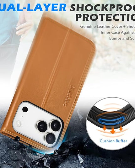 SHIELDON Case Wallet for iPhone 17 Pro 6.3-inch | Genuine Leather | Book Desgin | RFID Blocking Credit Card Slots | Magnetic Closure | Shock Absorbing Phone Cover | 2025 | Retro Light Brown