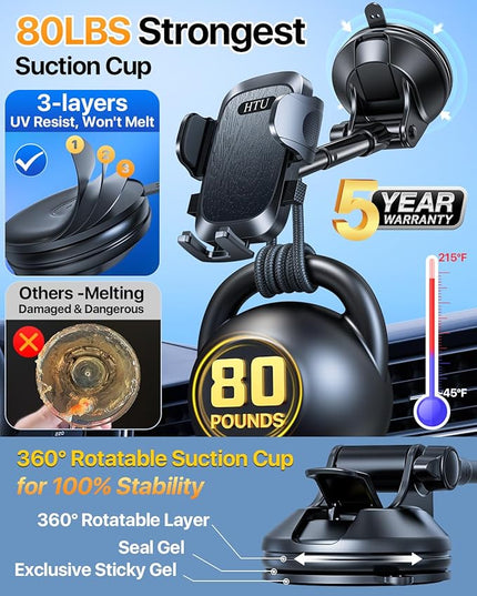 HTU [2026 True Military-Grade] Car Phone Holder [Upgraded Strongest Suction & Clip] Cell Phone Mount for Dashboard Windshield Vent,Truck Cradle Stand for iPhone 16 Pro Max Samsung Android (Black)