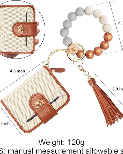 Multi-Purpose Wallet High Capacity Card Holder Zipper Coin Purse with Wristlet Bracelet Keychain Silicone Beaded Bangle Key Ring