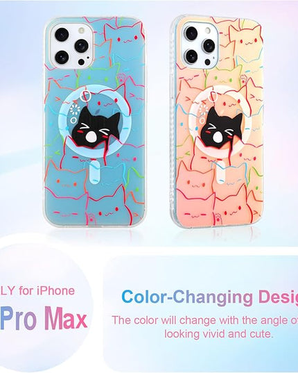 Cute Case for iPhone 12 Pro Max Case for Women Girls Boys [ Compatible with Magsafe ] Iridescent and Black Cats Cat Pattern Design, Kawaii Colorful Animal Soft Bumper Protective Phone Cover