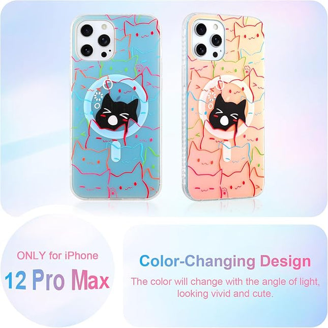Cute Case for iPhone 12 Pro Max Case for Women Girls Boys [ Compatible with Magsafe ] Iridescent and Black Cats Cat Pattern Design, Kawaii Colorful Animal Soft Bumper Protective Phone Cover