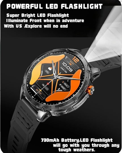 Military Smart Watch, 1.75" Crystal Ultra-Clear AMOLED Display,Spo2 Blood Oxygen Heart Rate Monitor Super Long Standby 730mAh Battery, Bluetooth Calling,LED Flashlight,IP68 Waterproof (Black)